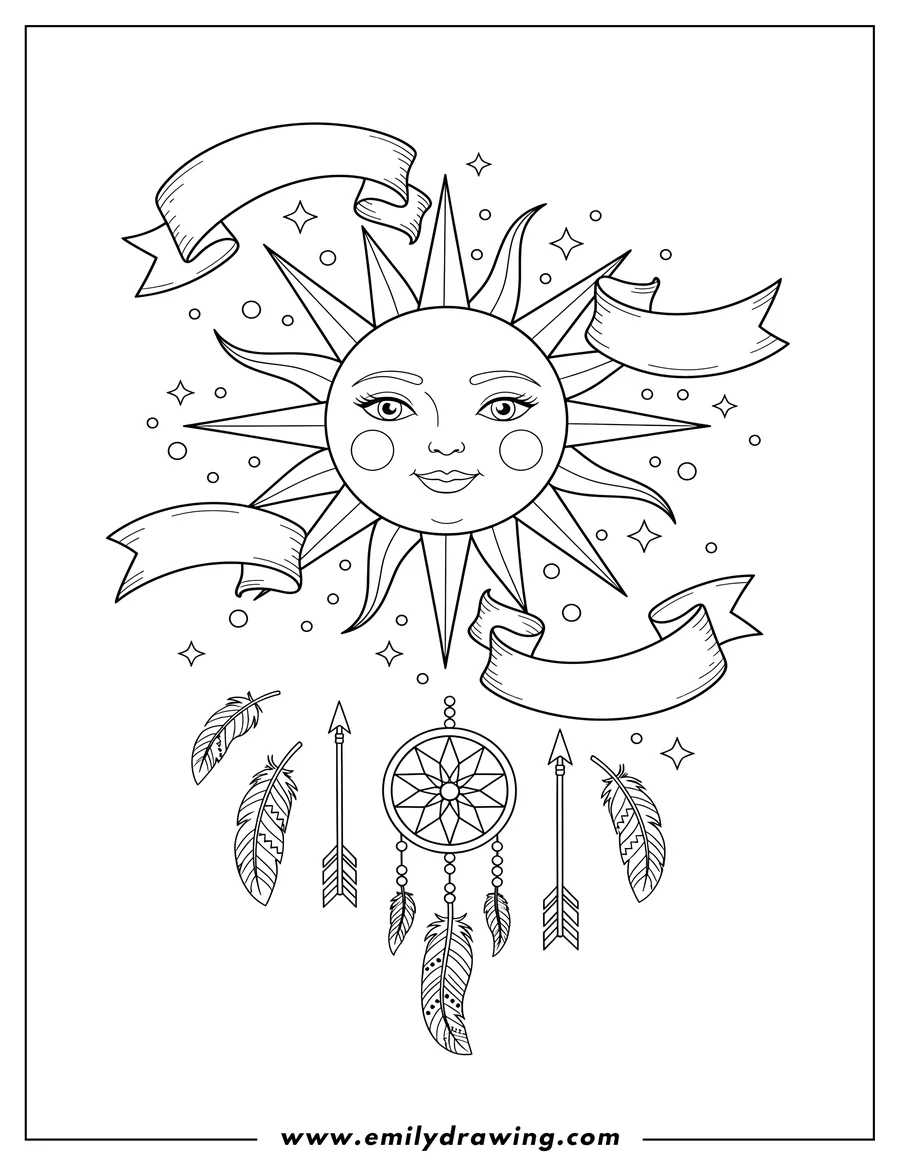 Full page coloring image of boho Affirmation With Sun with a serene face, wavy rays, and sparkles