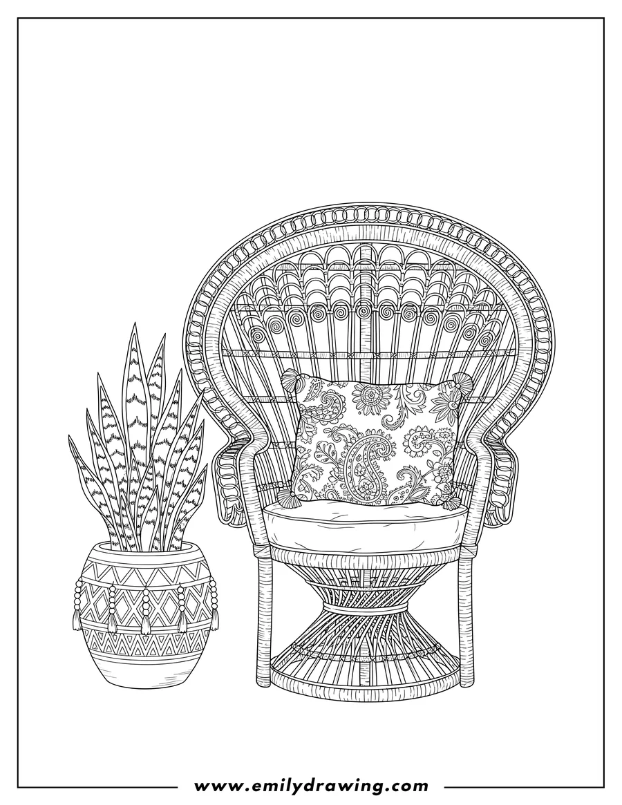 Clean line drawing: boho Chair with a pillow and a house plant in a decorative pot