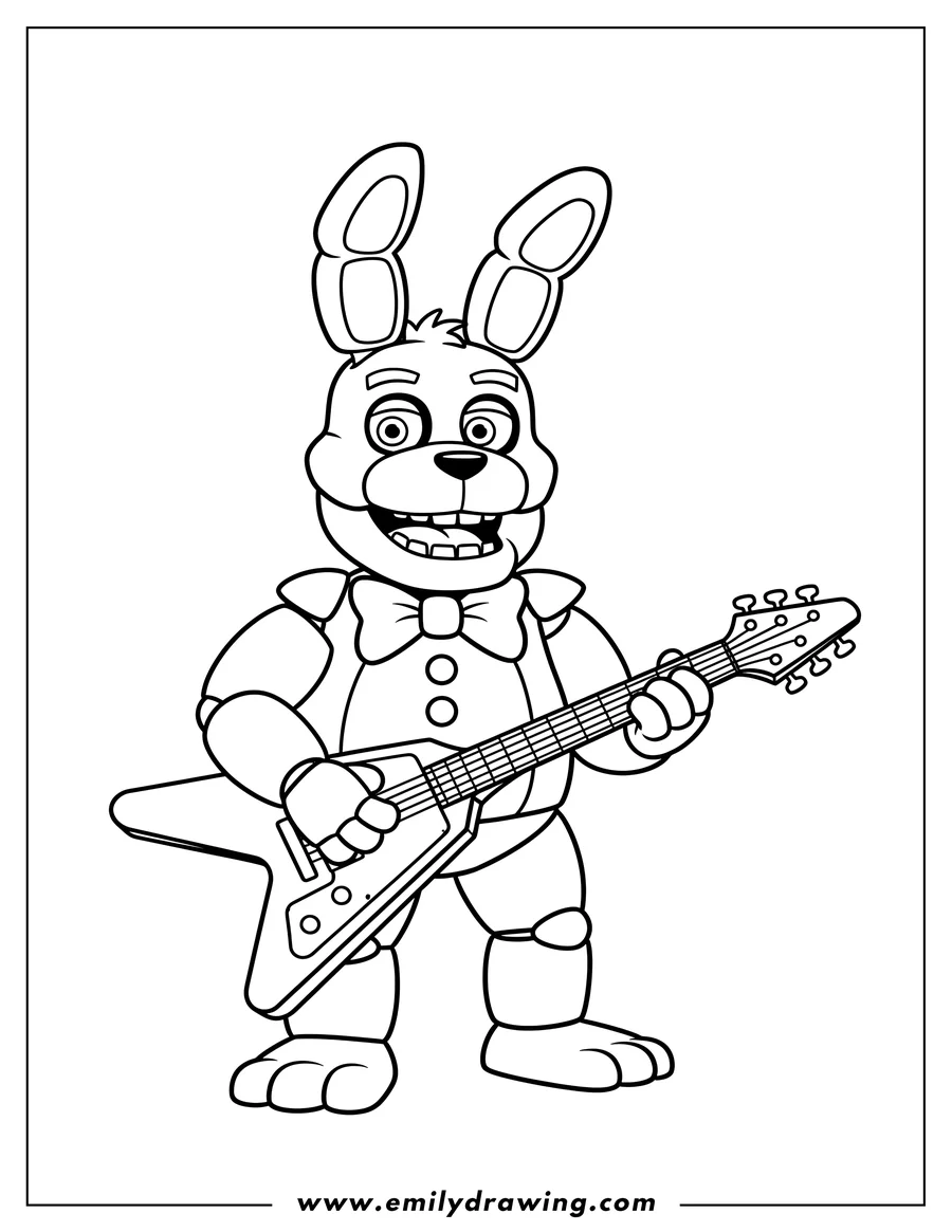 Vector style outline of simple Five Night At Freddie S Bonnie playing a V-shaped guitar, wearing a bow tie and grinning