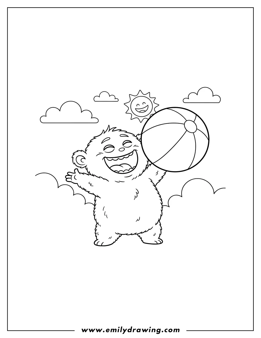 Black and white line art of booba from TV shows, laughing and holding a ball