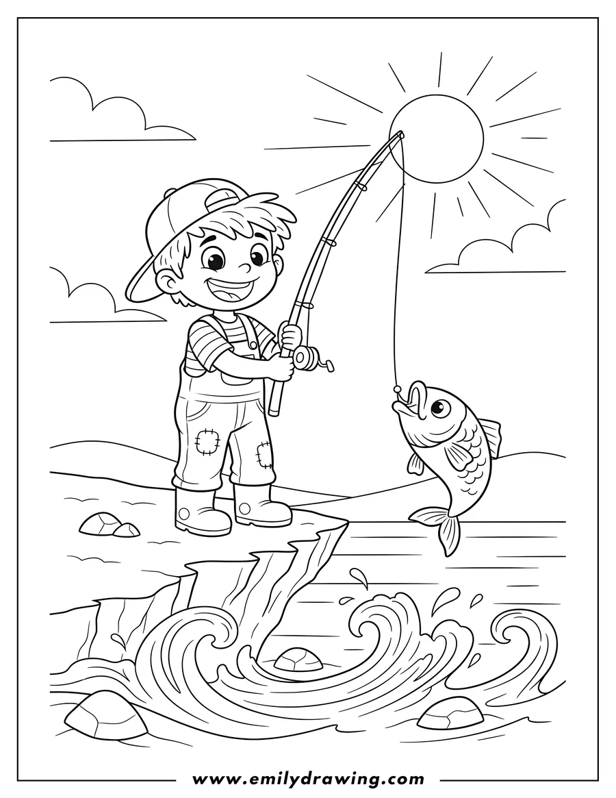Coloring sheet featuring boy Fishing On Cliff, smiling and catching a fish