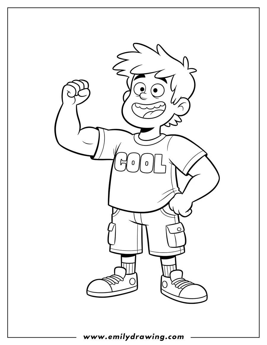 PDF style coloring page: branden Boy Version Grenda from Gravity Falls, smiling in a 'COOL' t-shirt with one hand raised
