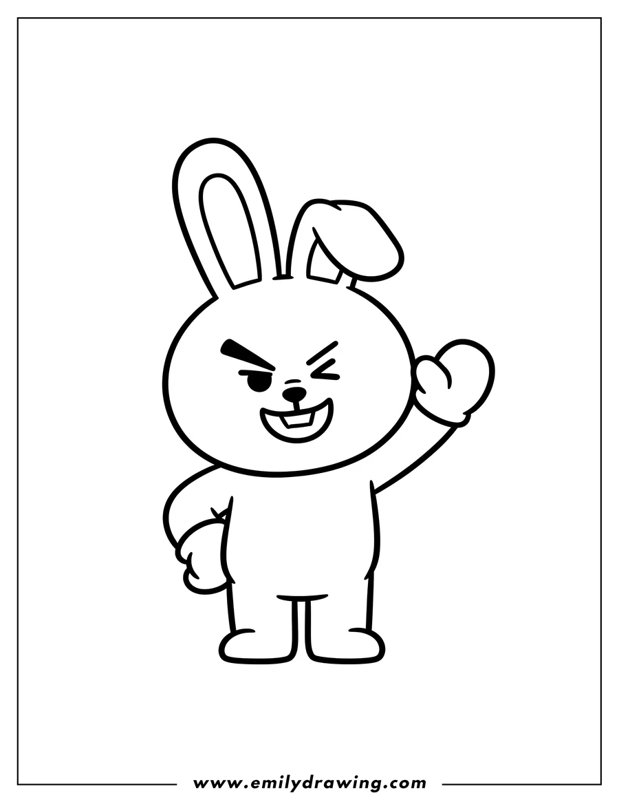 Free printable coloring sheet of bt21 Cooky Waving With Evil Smile, with one ear up and one ear flopped