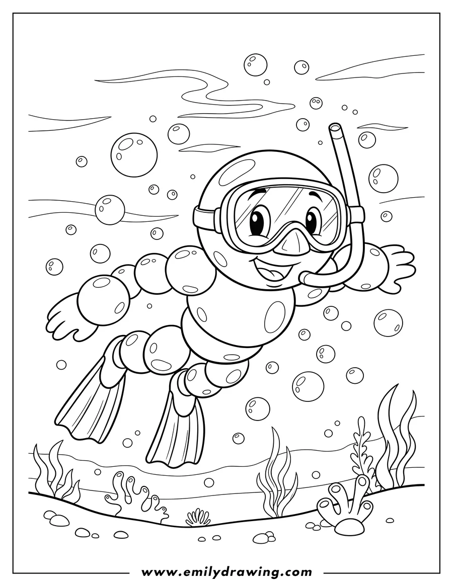 Vector style outline of bubble Man swimming underwater, wearing a diving mask and flippers