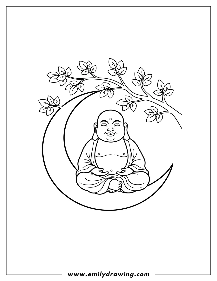 Doodle style coloring picture of buddha sitting in a crescent moon under a tree branch