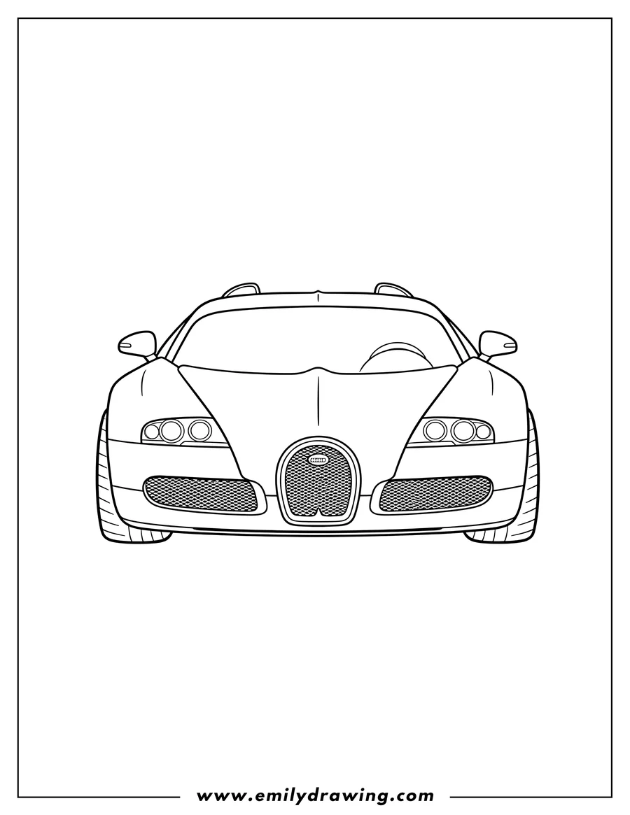 Full page coloring image of simple Bugatti Veyron, front view