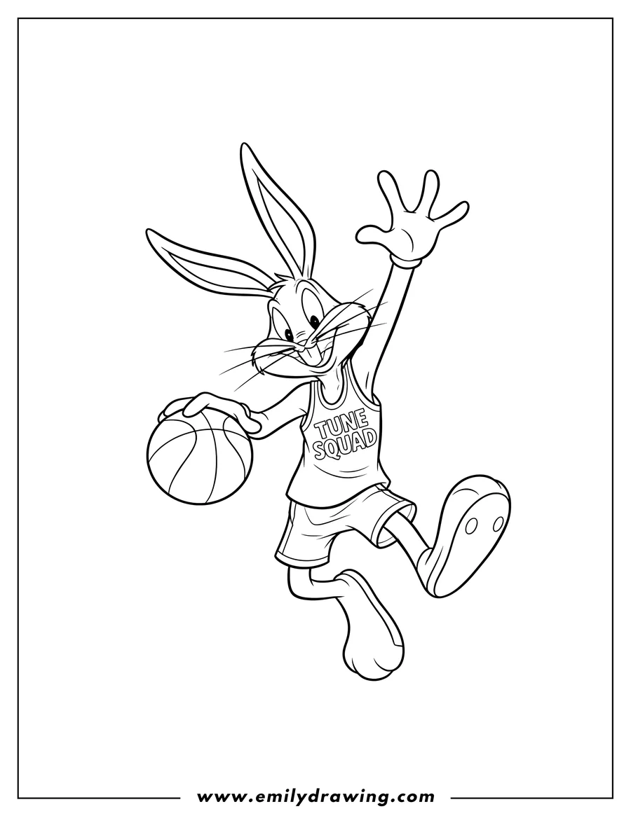 Coloring page for kids: bugs Bunny jumping, dribbling a basketball, wearing a Tune Squad jersey