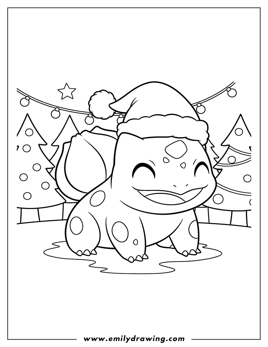 Outline drawing of easy Bulbasaur sitting and smiling, wearing a Santa Hat, Pokemon Christmas