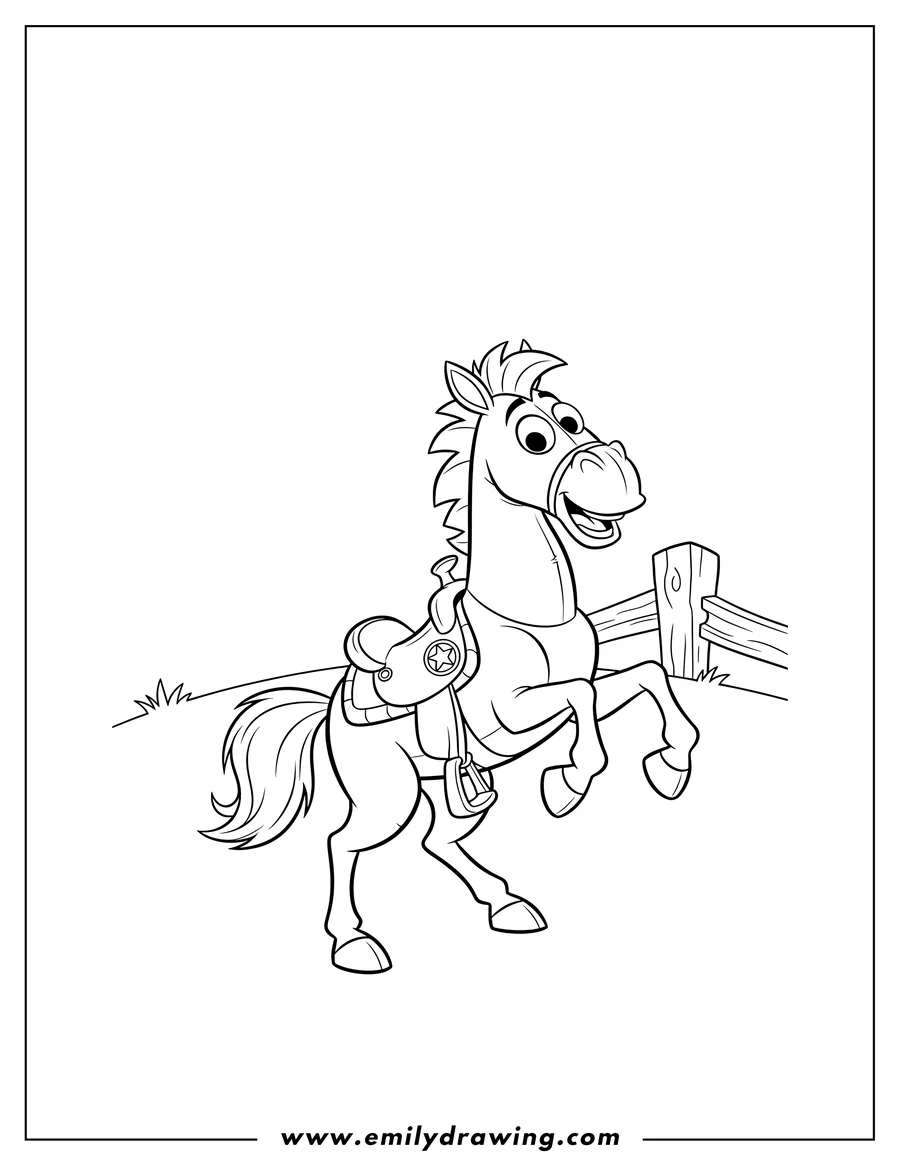 Downloadable coloring page of bullseye Horse From Toy Story smiling with a saddle