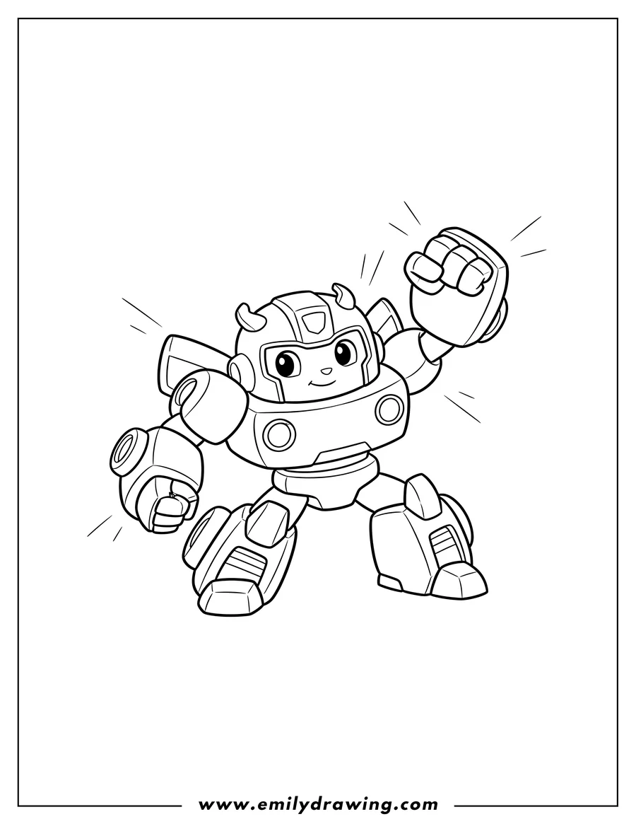 Outline drawing of simple Bumblebee Rescue Bot Preschoolers, in a dynamic action pose with a raised fist