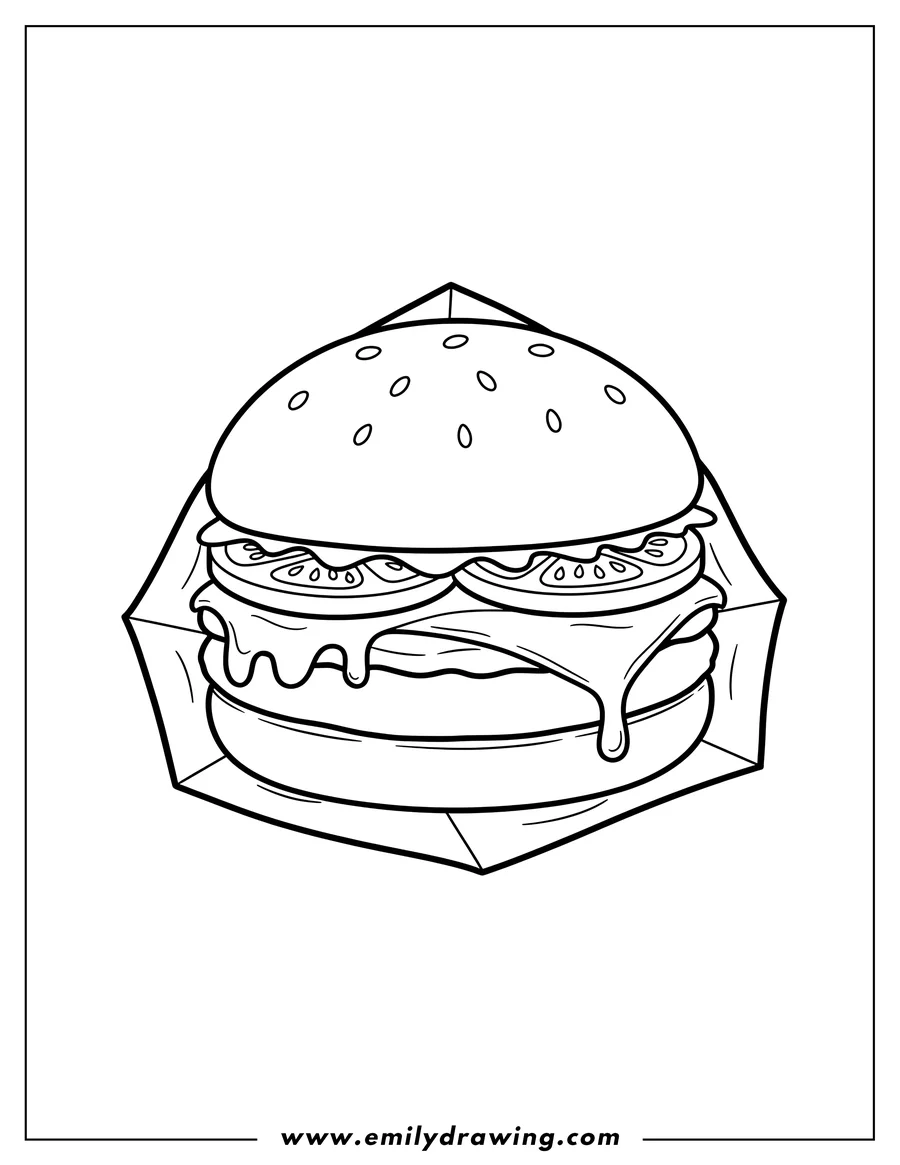 Printable coloring page of simple Burger Outline Wrapper with sesame seeds, tomato slices, and dripping cheese