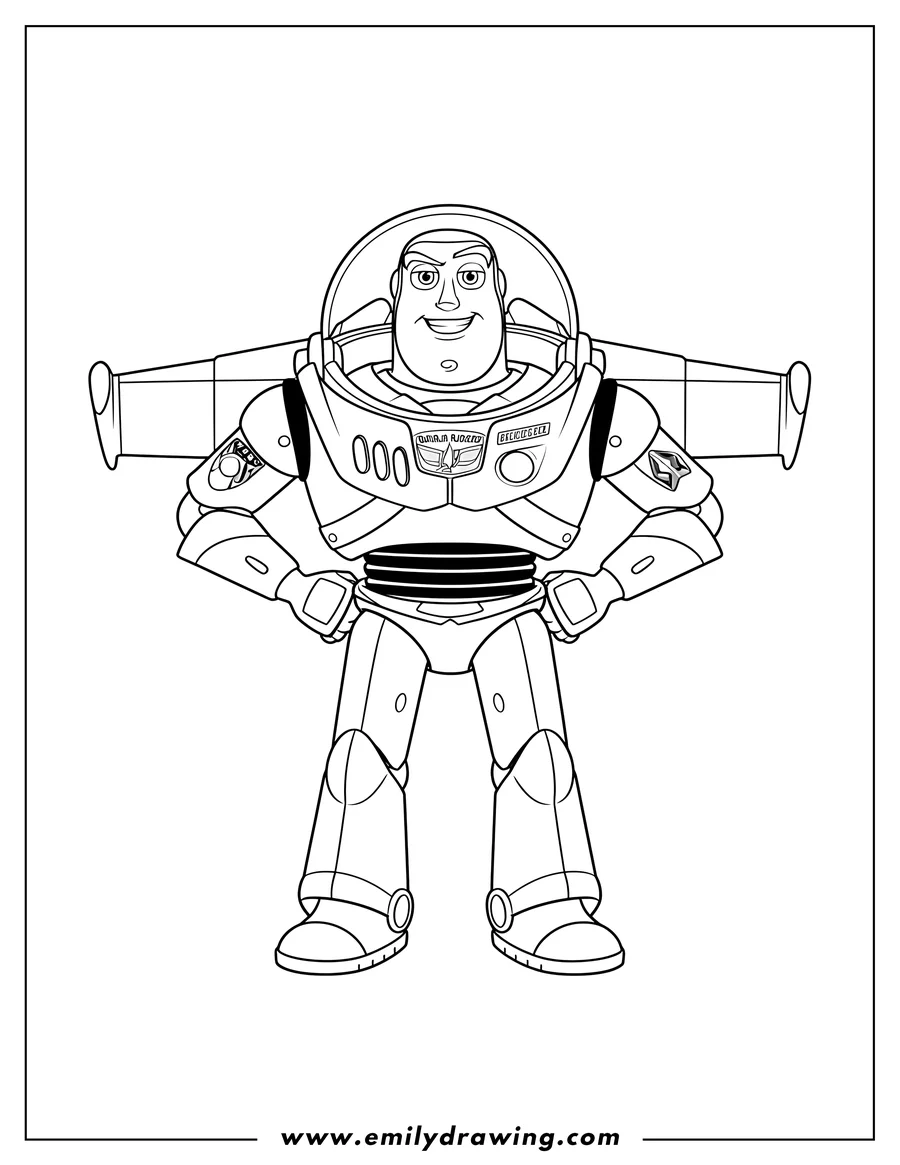 Doodle style coloring picture of buzz Lightyear standing with hands on hips and smiling