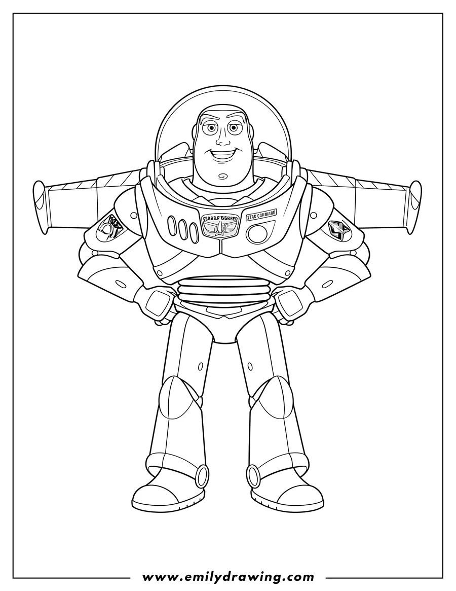 Free printable coloring sheet of buzz Lightyear standing with hands on hips and smiling