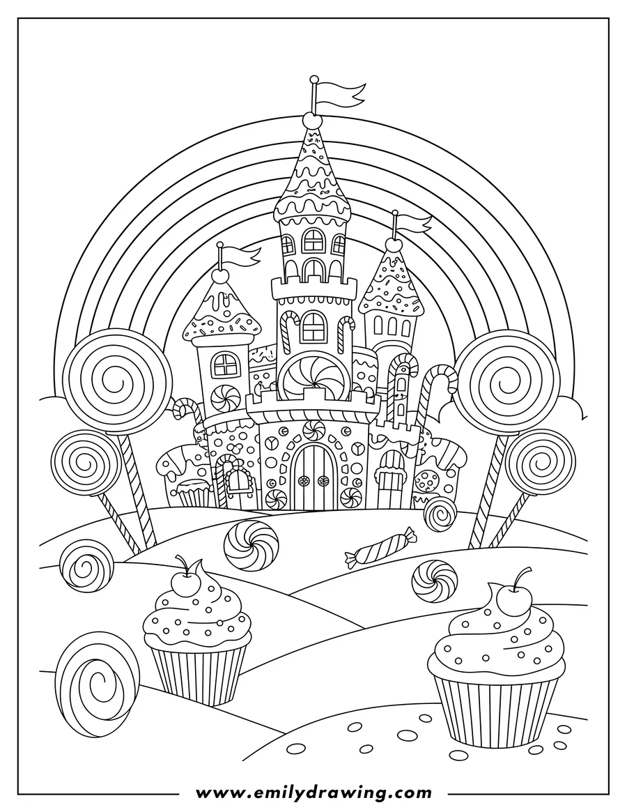 Doodle style coloring picture of candy Land Castle With Rainbow, with lollipop trees, cupcake hills, and swirly candies