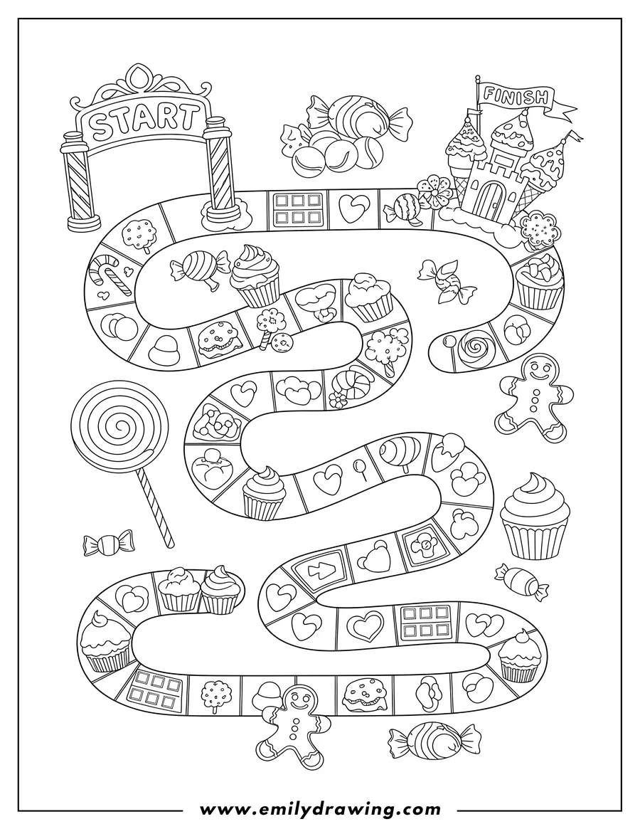 Linear illustration of candy Land Road game board with START, FINISH, and candies