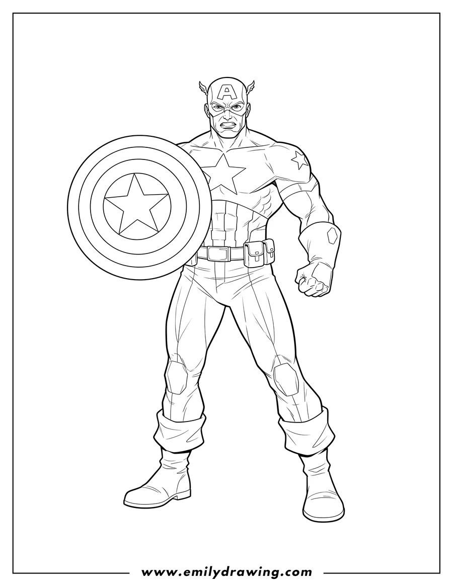 Coloring sheet featuring captain America with his left arm extended, holding his iconic star shield, and a determined expression