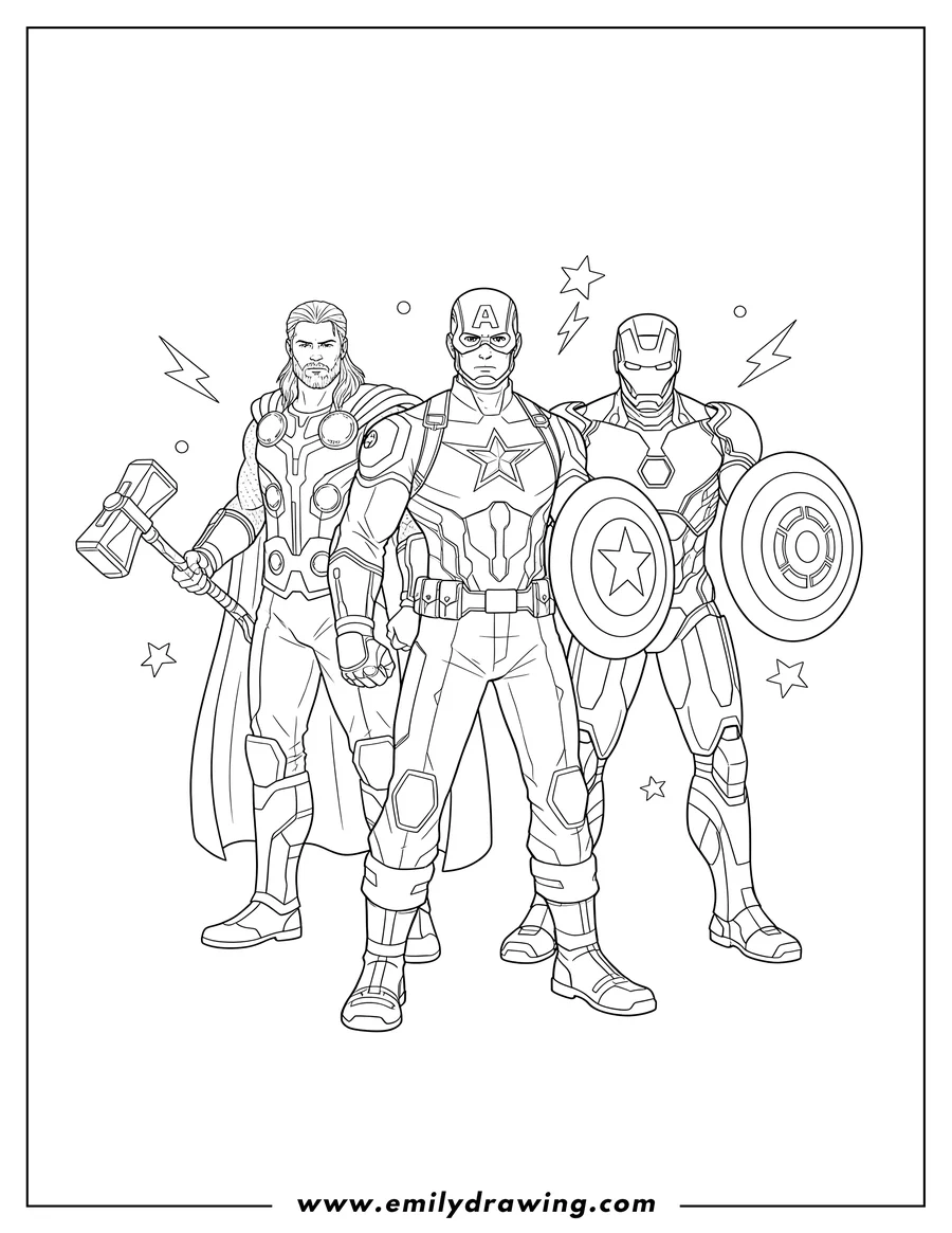 Simple sketch of captain America with Thor holding Stormbreaker and Iron Man holding a shield to color