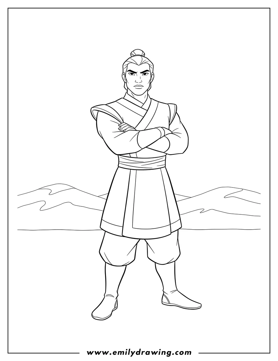 Free printable coloring sheet of captain Li Shang standing with arms crossed