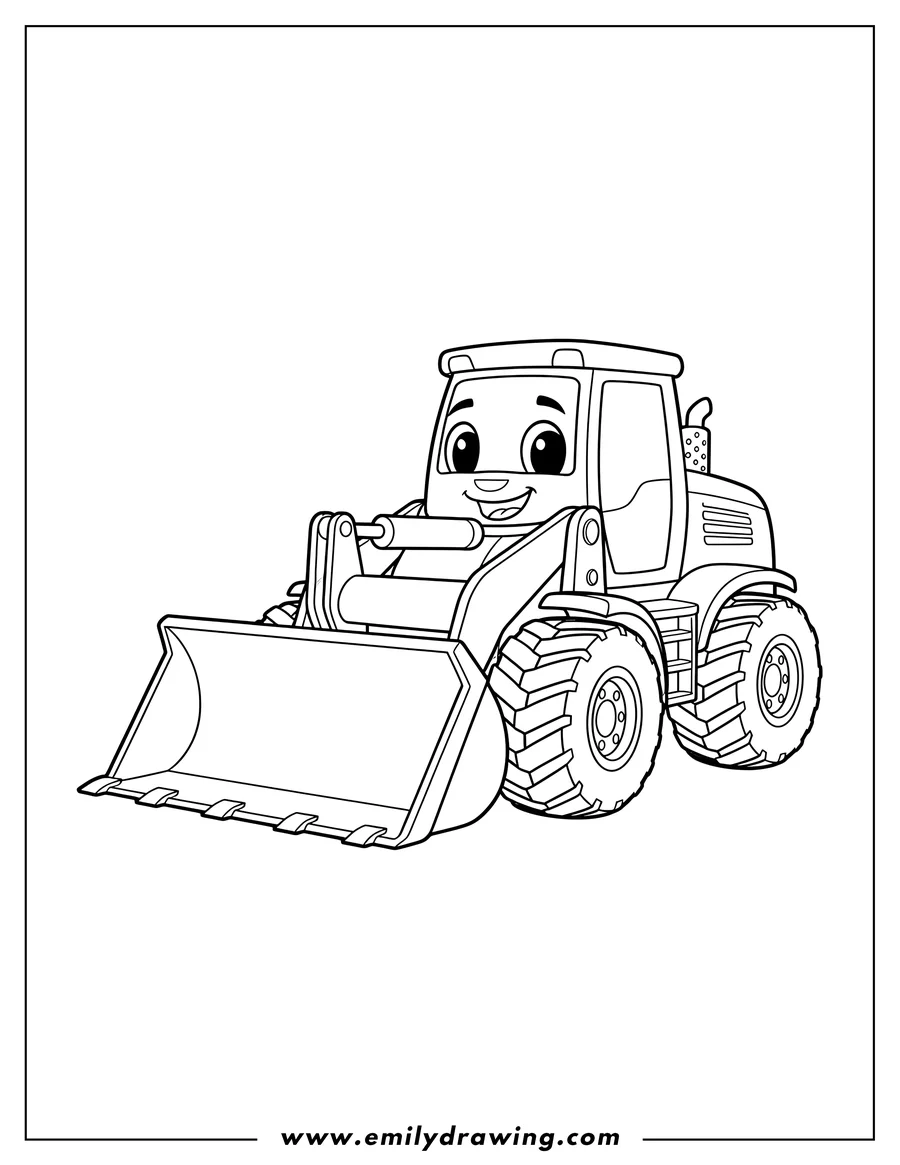 Linear illustration of cartoon Bulldozer, a front-end loader with a large bucket and big wheels