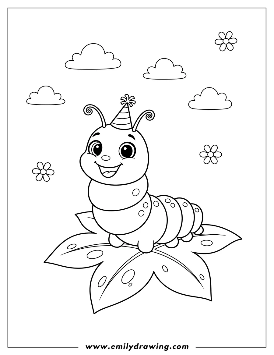 Full page coloring image of cartoon Caterpillar To Color Toddlers, happy, sitting on a leaf