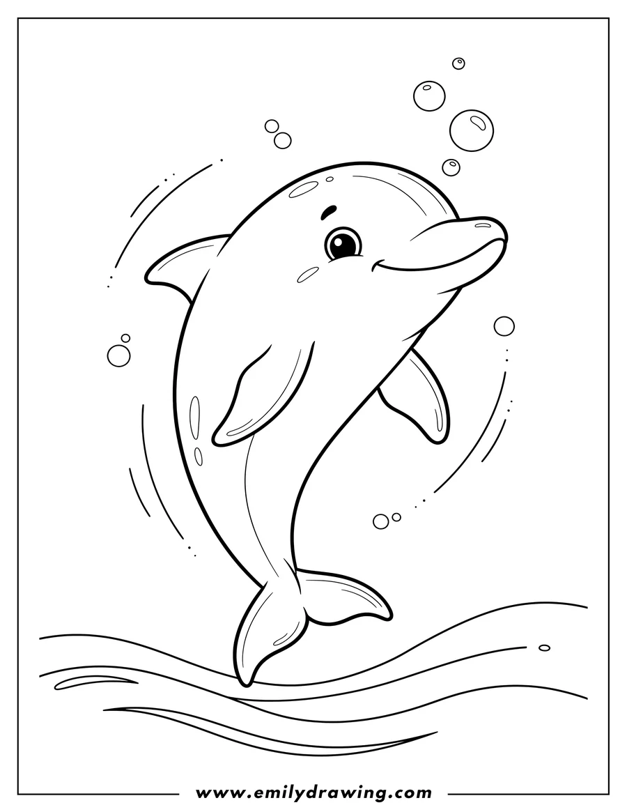 Black and white line art of cute Cartoon Dolphin, smiling, swimming upwards