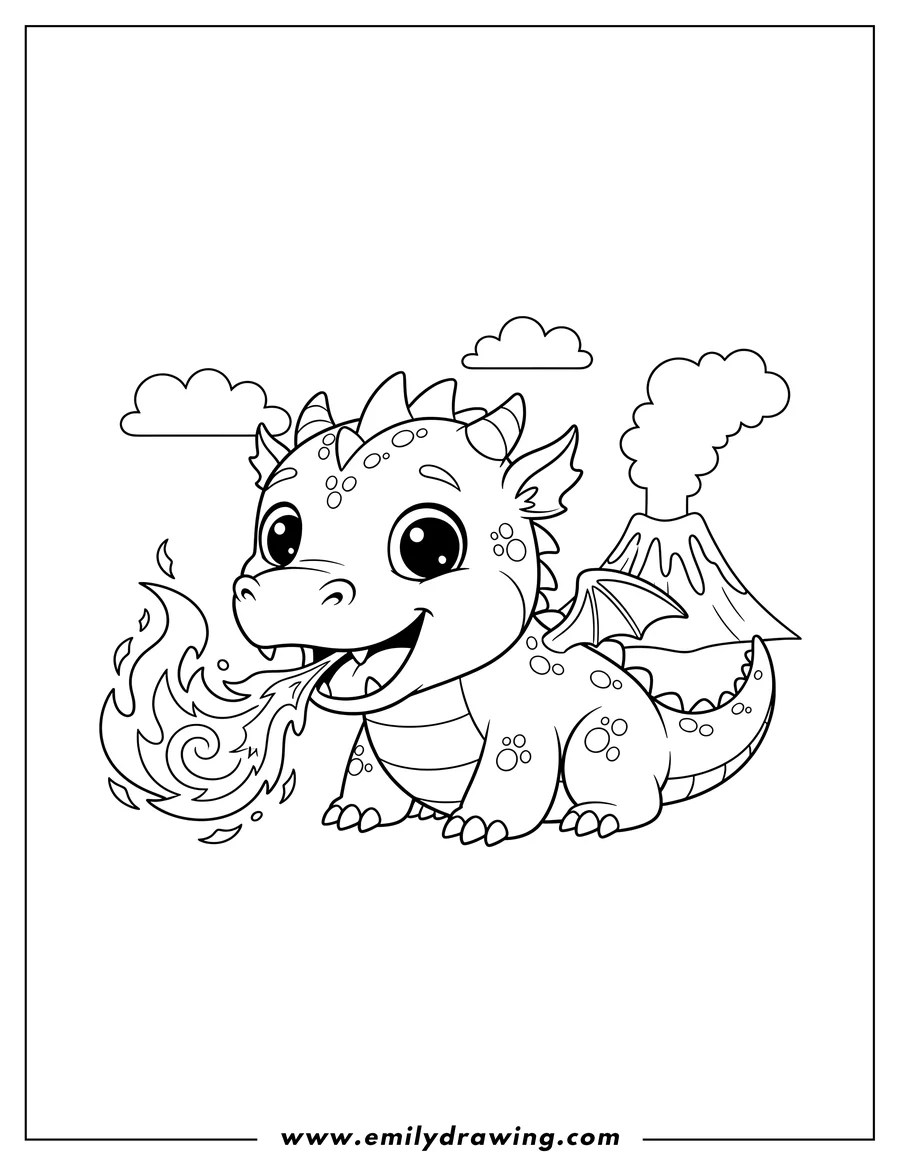 PDF style coloring page: A cartoon dragon toddler breathing fire