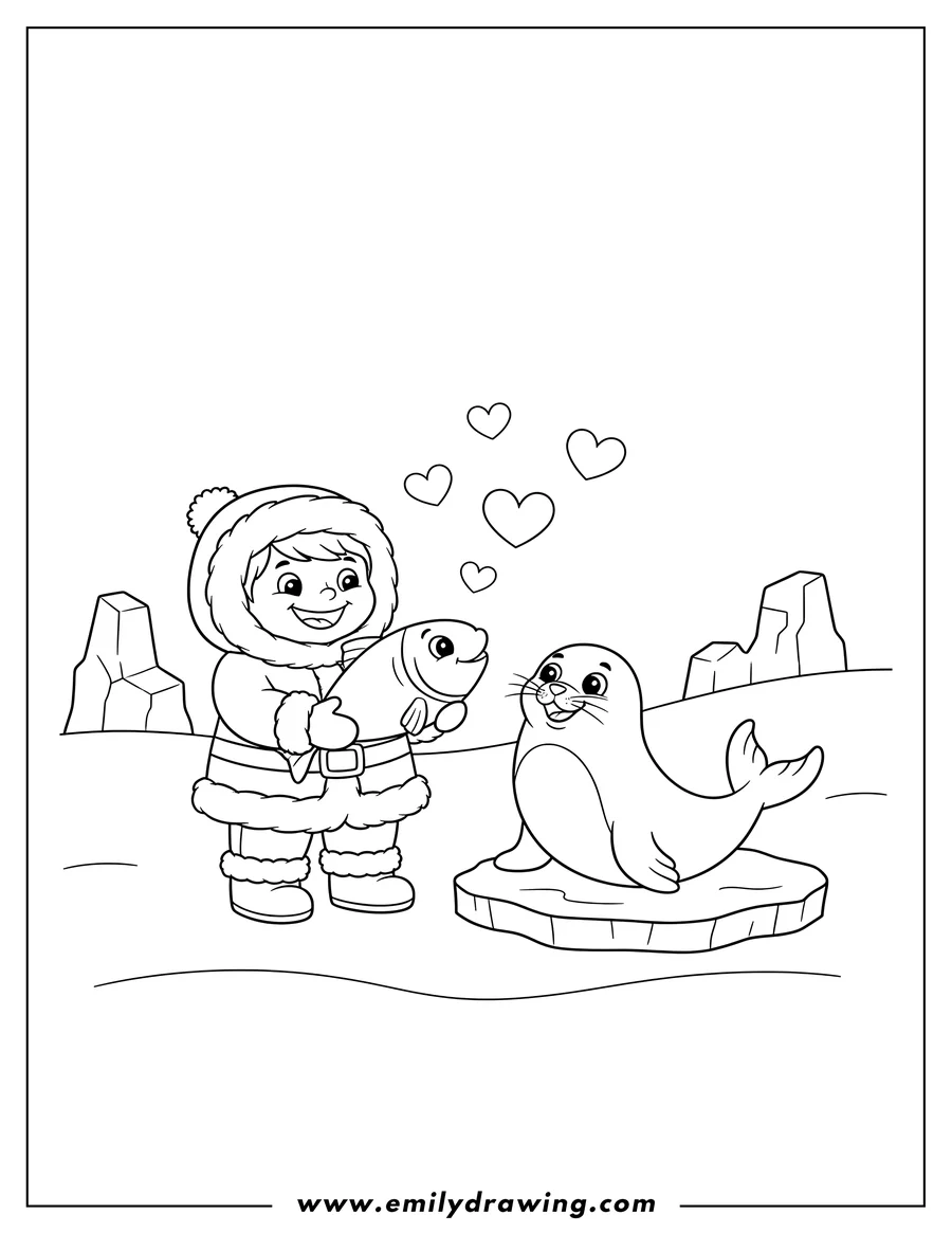 Linear illustration of cartoon smiling Eskimo offering a fish to a happy seal with hearts
