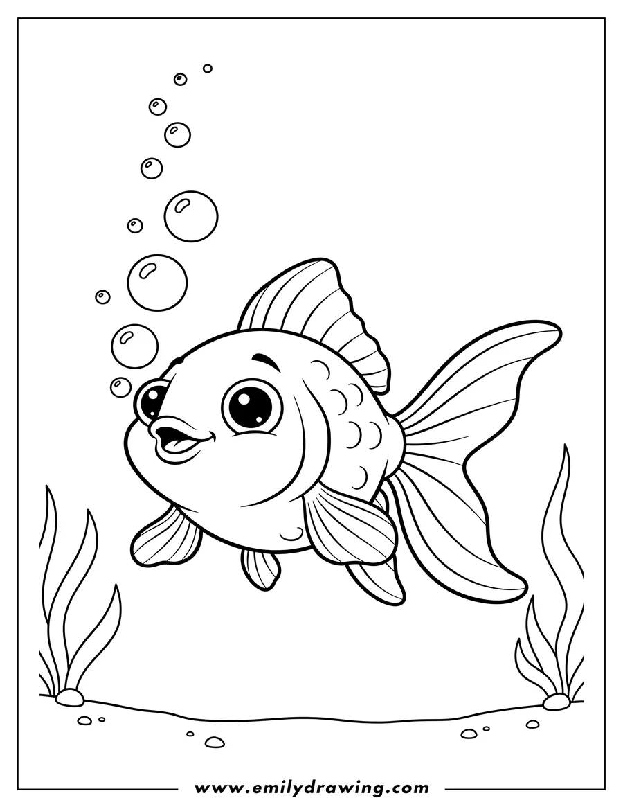 Printable coloring page of simple cartoon goldfish with big eyes blowing bubbles