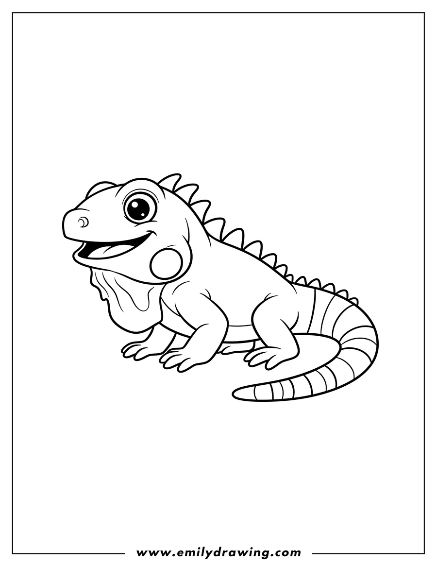 Vector style outline of simple Cartoon Iguana Preschoolers, side view, with a spiked back and striped tail