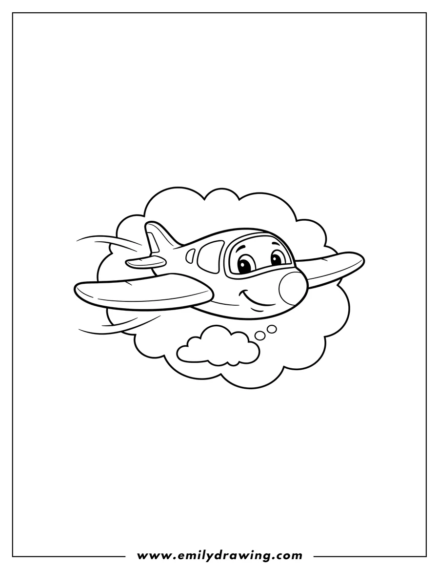Doodle style coloring picture of simple cartoon jet flying, figure to color, for preschoolers