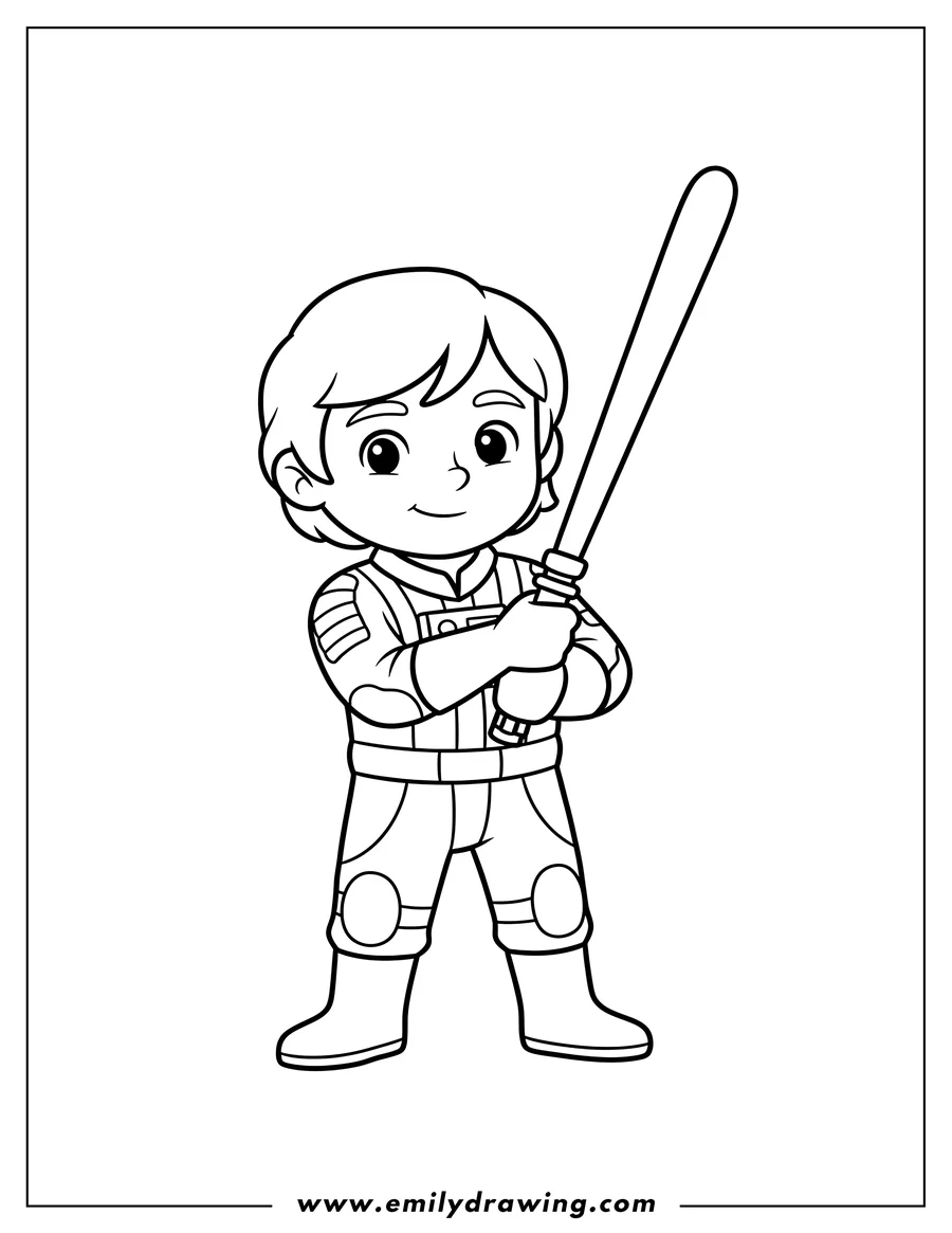 Outline drawing of simple Cartoon Luke Skywalker Outline Preschoolers holding a lightsaber
