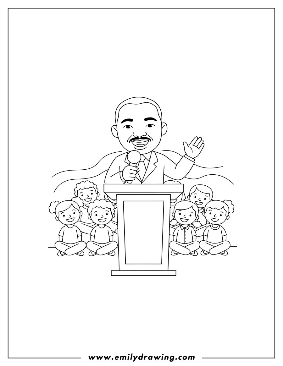 Coloring page for kids: simple Cartoon Martin Luther King Jr On Podium Preschoolers, speaking into a microphone with a raised hand