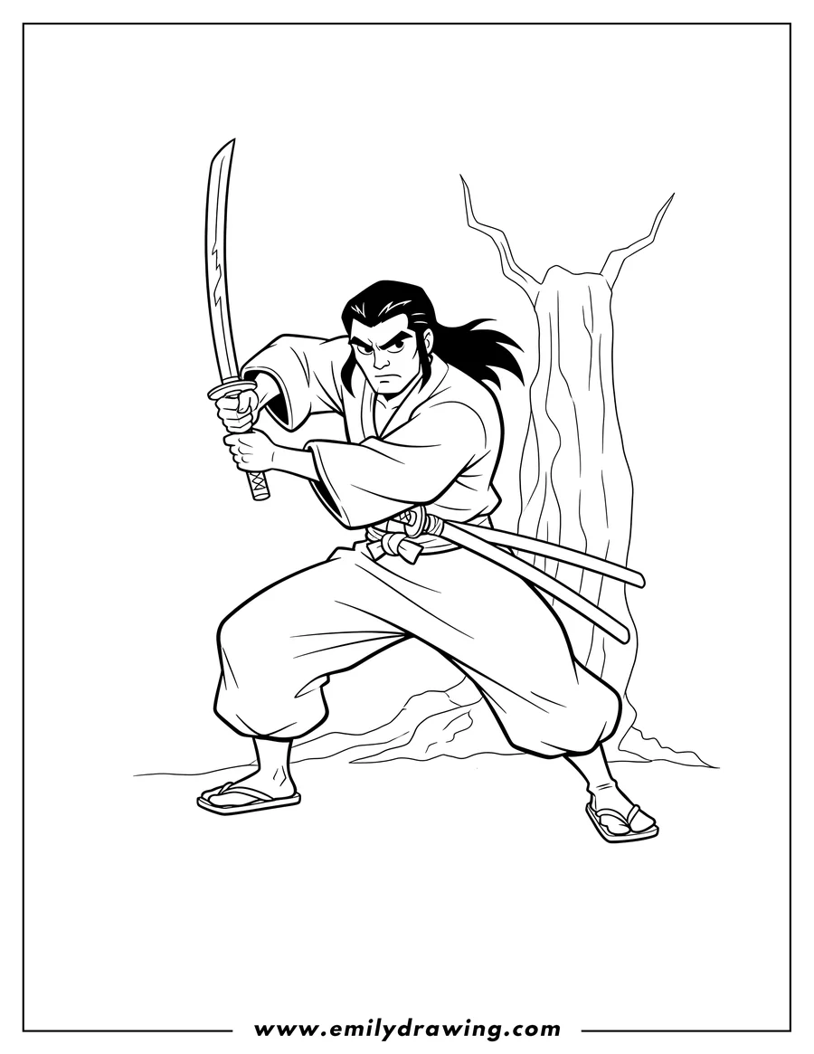 Free printable coloring sheet of simple Cartoon Network Samurai Jack drawing his sword