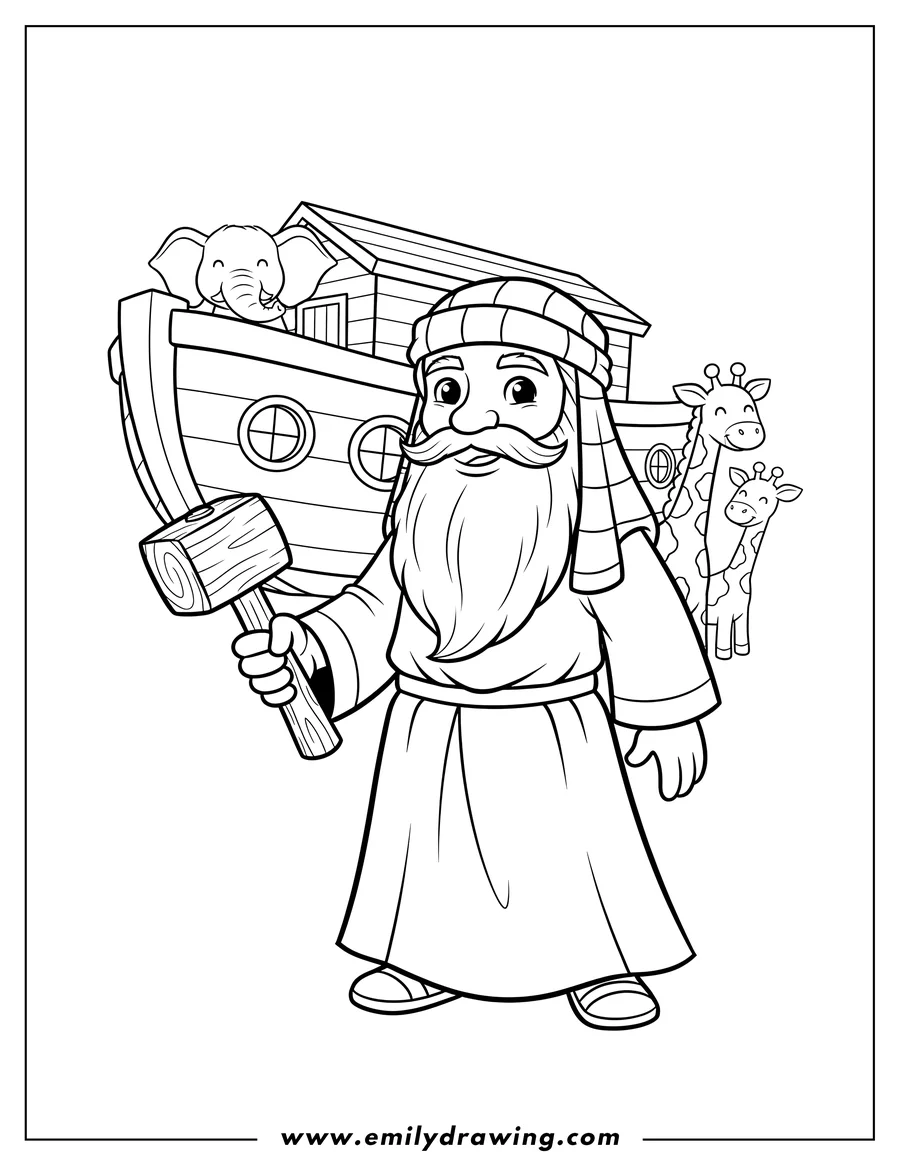 Linear illustration of cartoon Noah with a long beard, wearing a headscarf, and holding a hammer