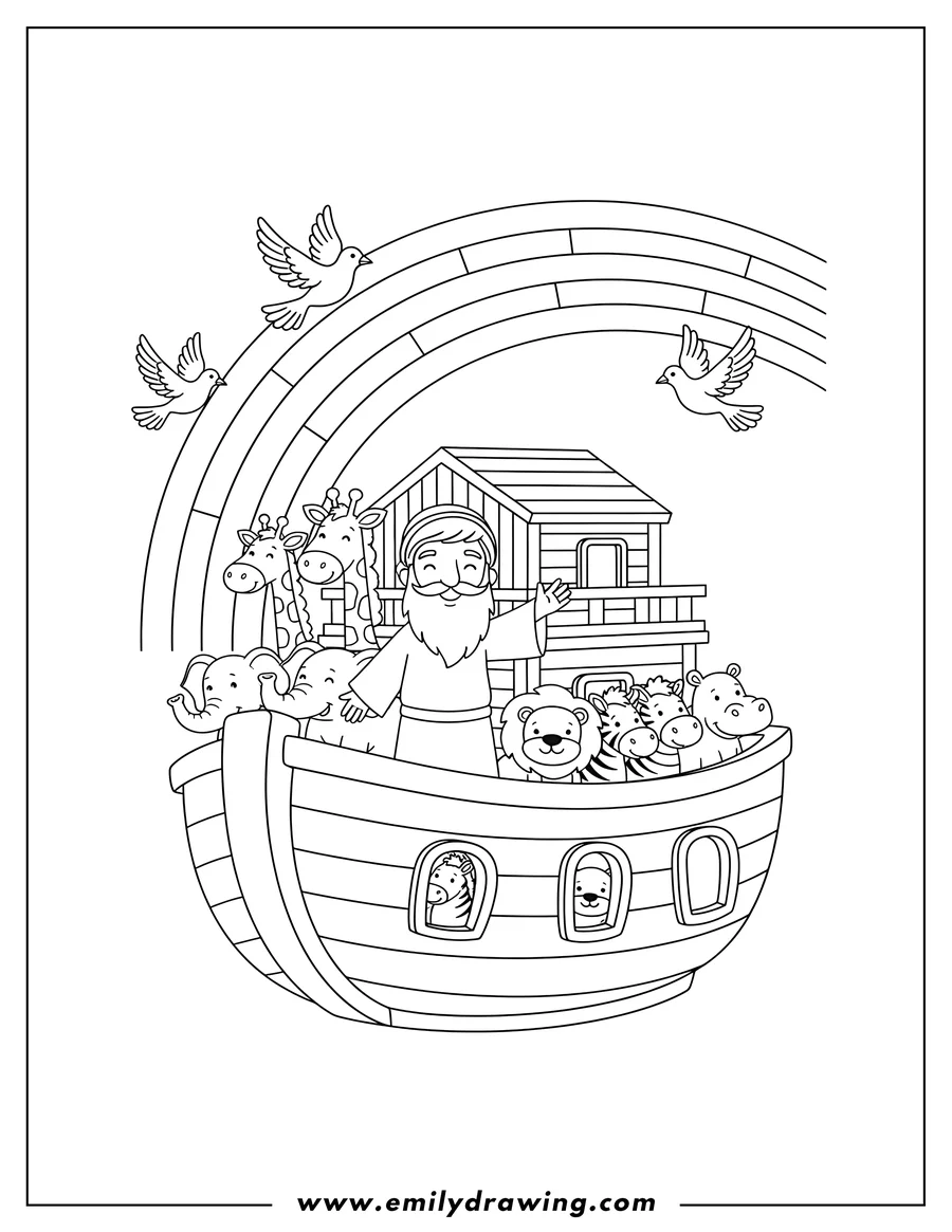 Doodle style coloring picture of simple Cartoon Noah With Ark Filled With Animals, waving under a rainbow with doves flying