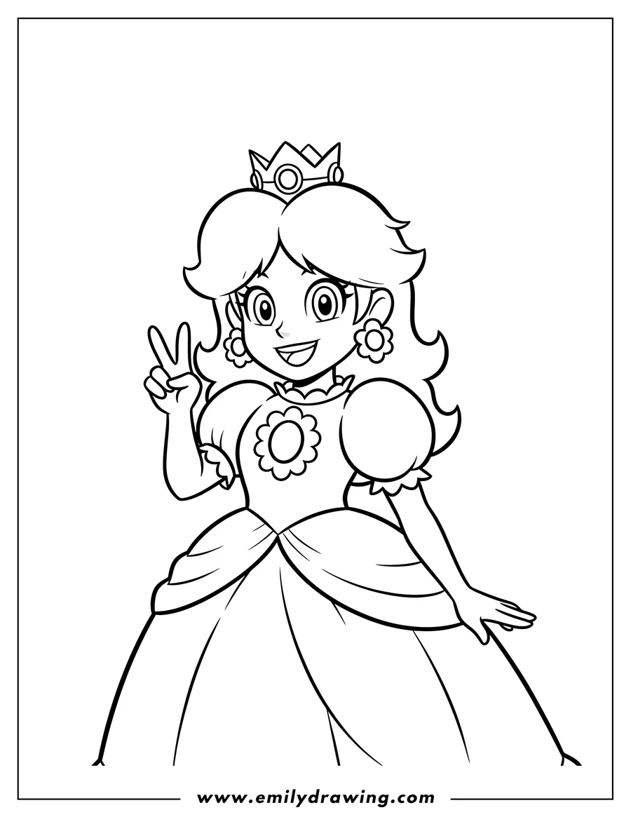 Outline drawing of simple Cartoon Princess Daisy smiling and making a peace sign