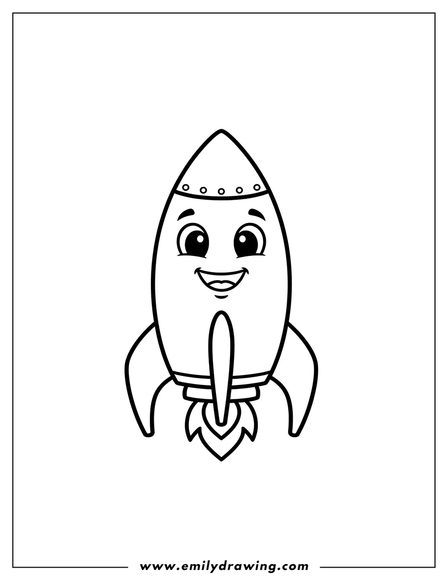 PDF style coloring page: simple Cartoon Rocket With Smiley Face, standing upright with three fins, for preschoolers