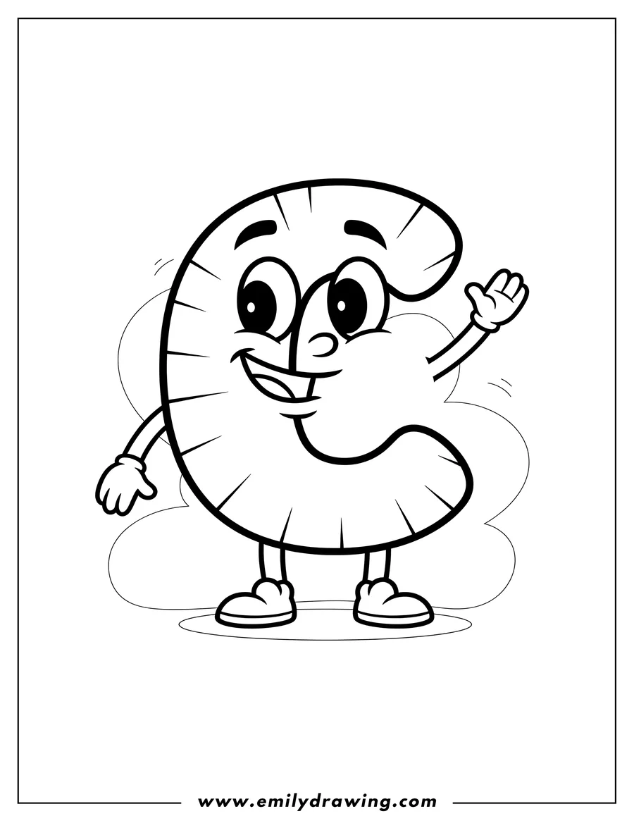 Downloadable coloring page of cartoon smiling capital letter C with eyes