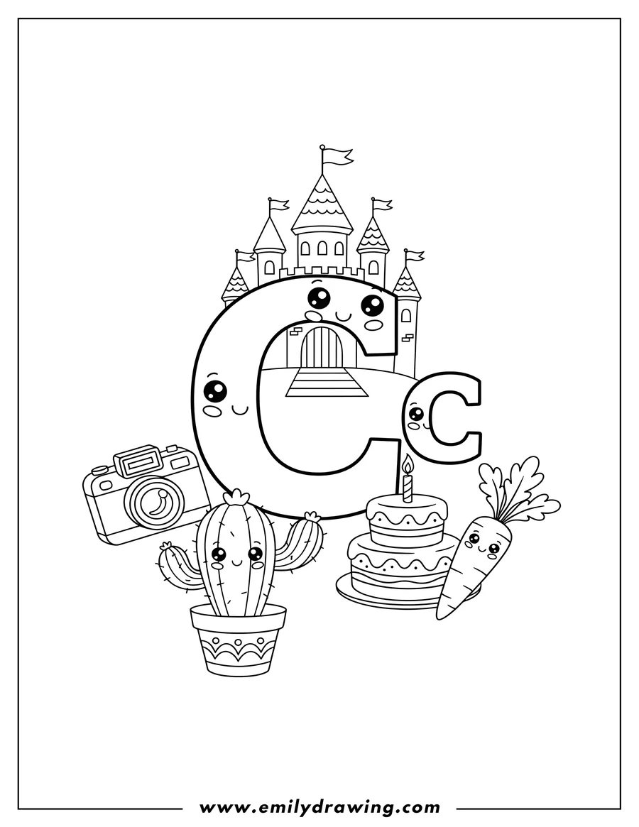 Outline drawing of cartoon uppercase and lowercase Letter C, a camera, a lit candle on a cake, a cactus in a pot, a carrot, a multi-tiered cake, and a castle