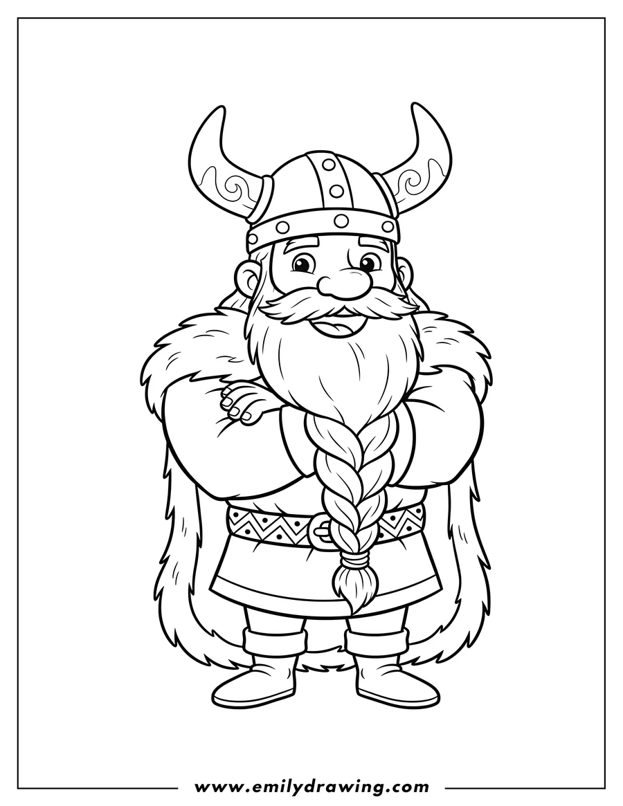 Free printable coloring sheet of cartoon Viking With Arms Crossed, wearing a horned helmet and a long braided beard