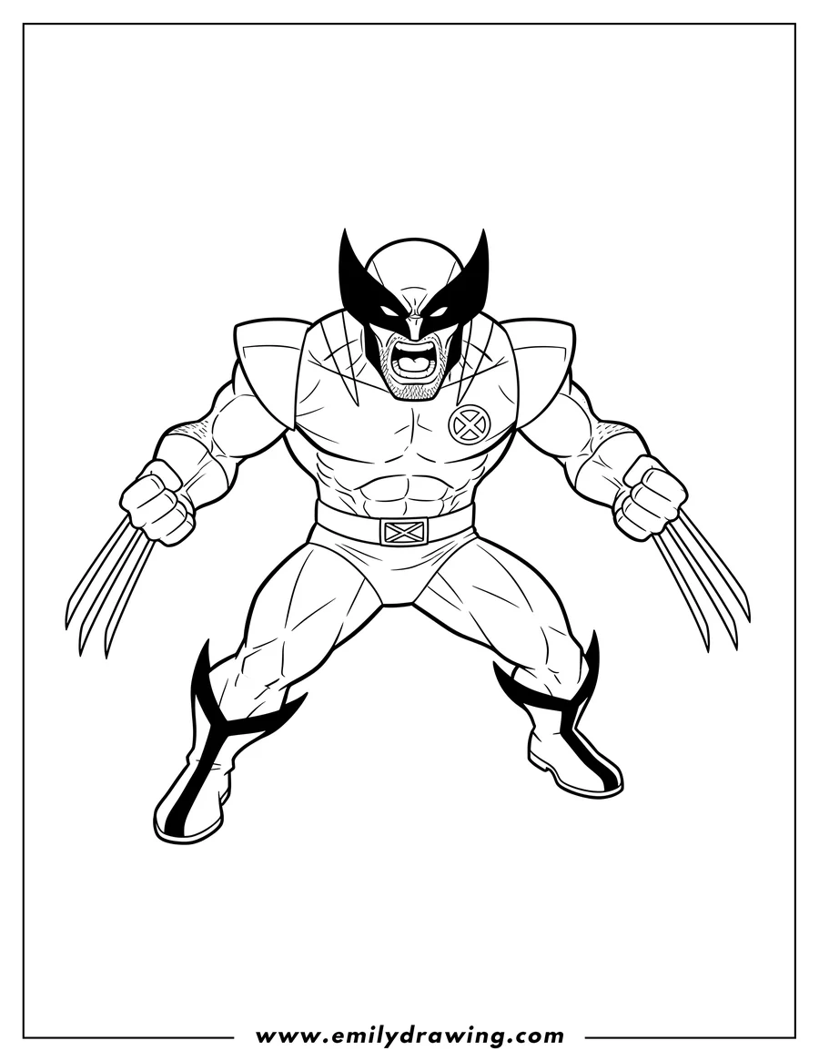 Coloring page of cartoon Wolverine Fighting with claws out and roaring