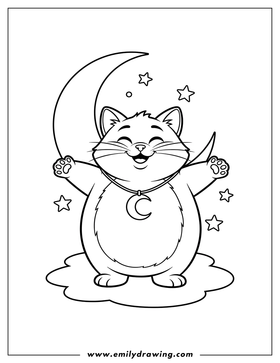 Free to print drawing of simple Catnap Outline, a cat smiling broadly with open arms and a crescent moon pendant