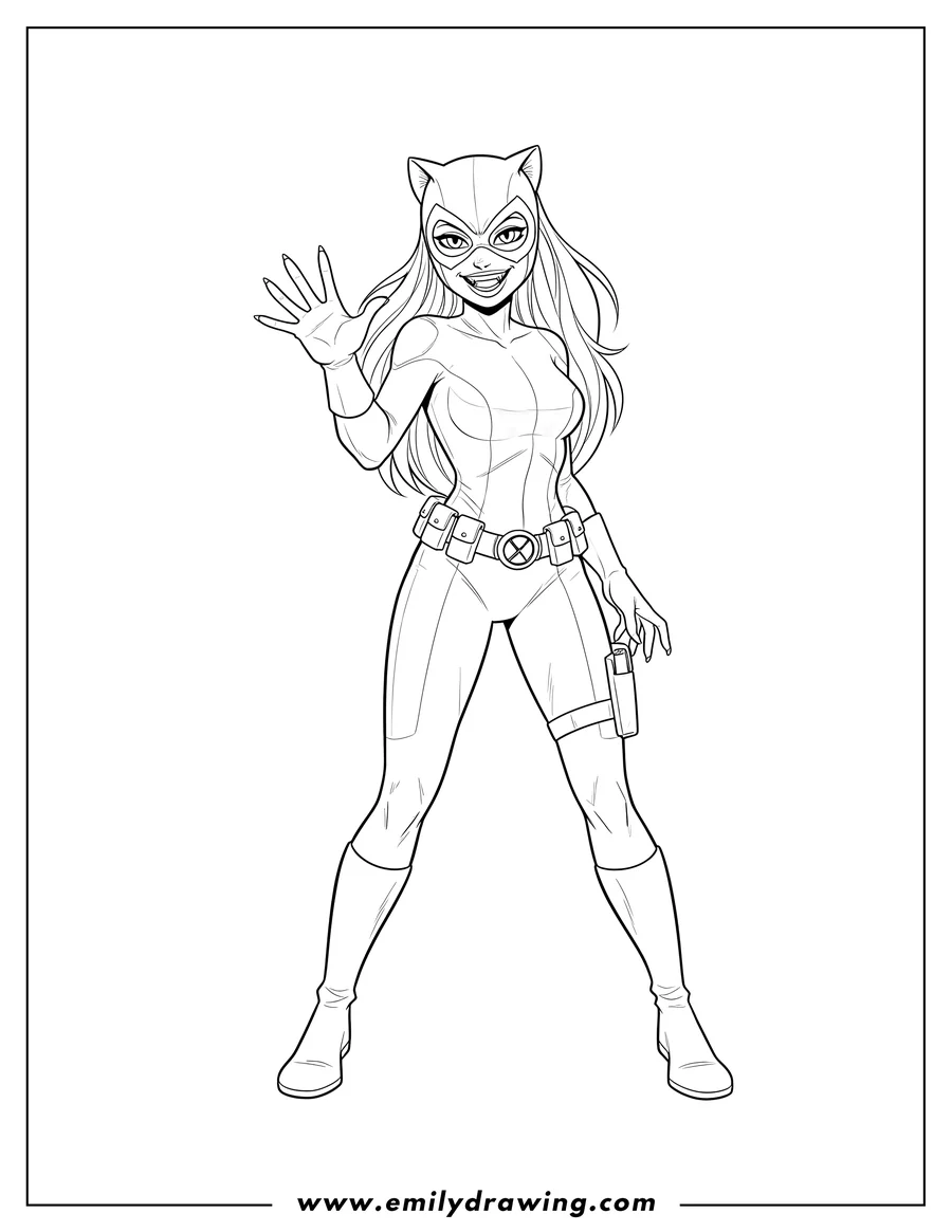 Full page coloring image of catwoman wearing a mask with cat ears, baring fangs, and raising one hand with splayed fingers