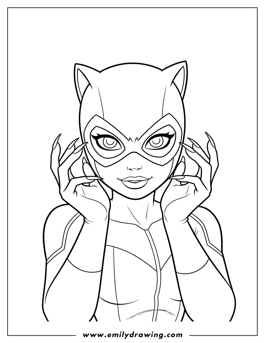 Free printable coloring sheet of simple Close Up Catwoman, hands framing her masked face with long nails