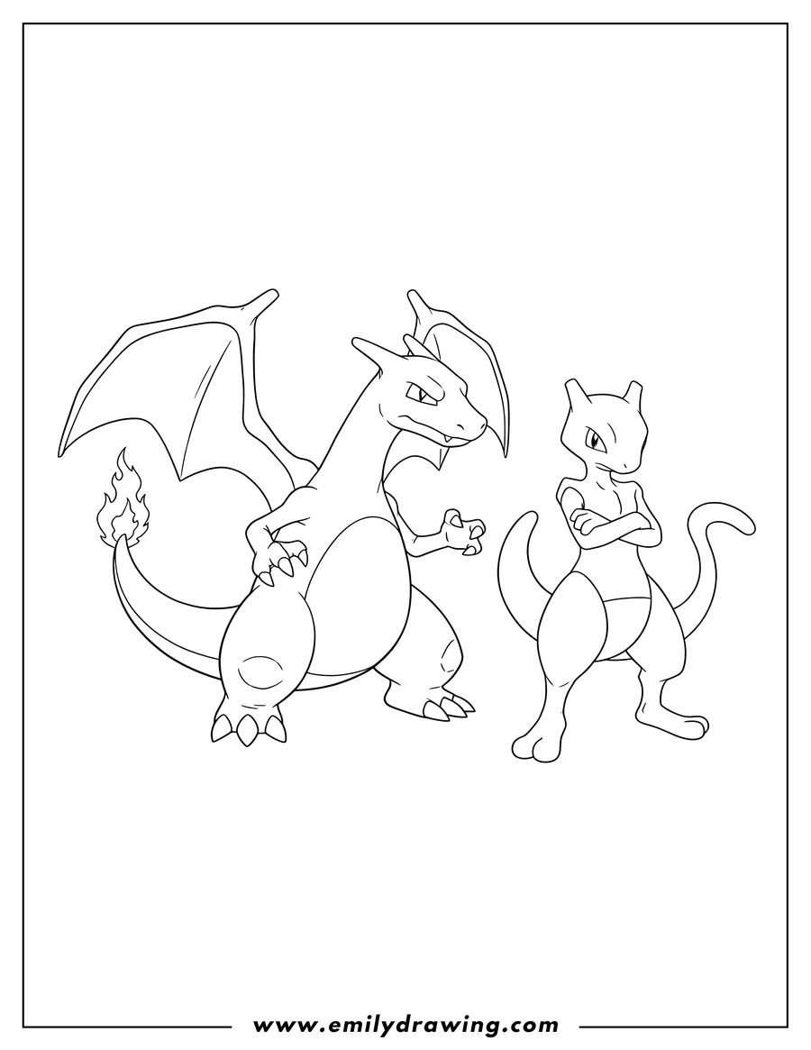 Free printable coloring sheet of charizard in a ready stance and Mewtwo standing with arms crossed