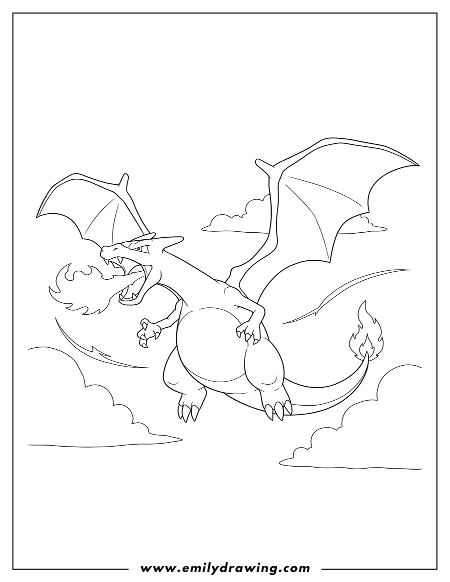 Printable line art of charizard flying with an open mouth