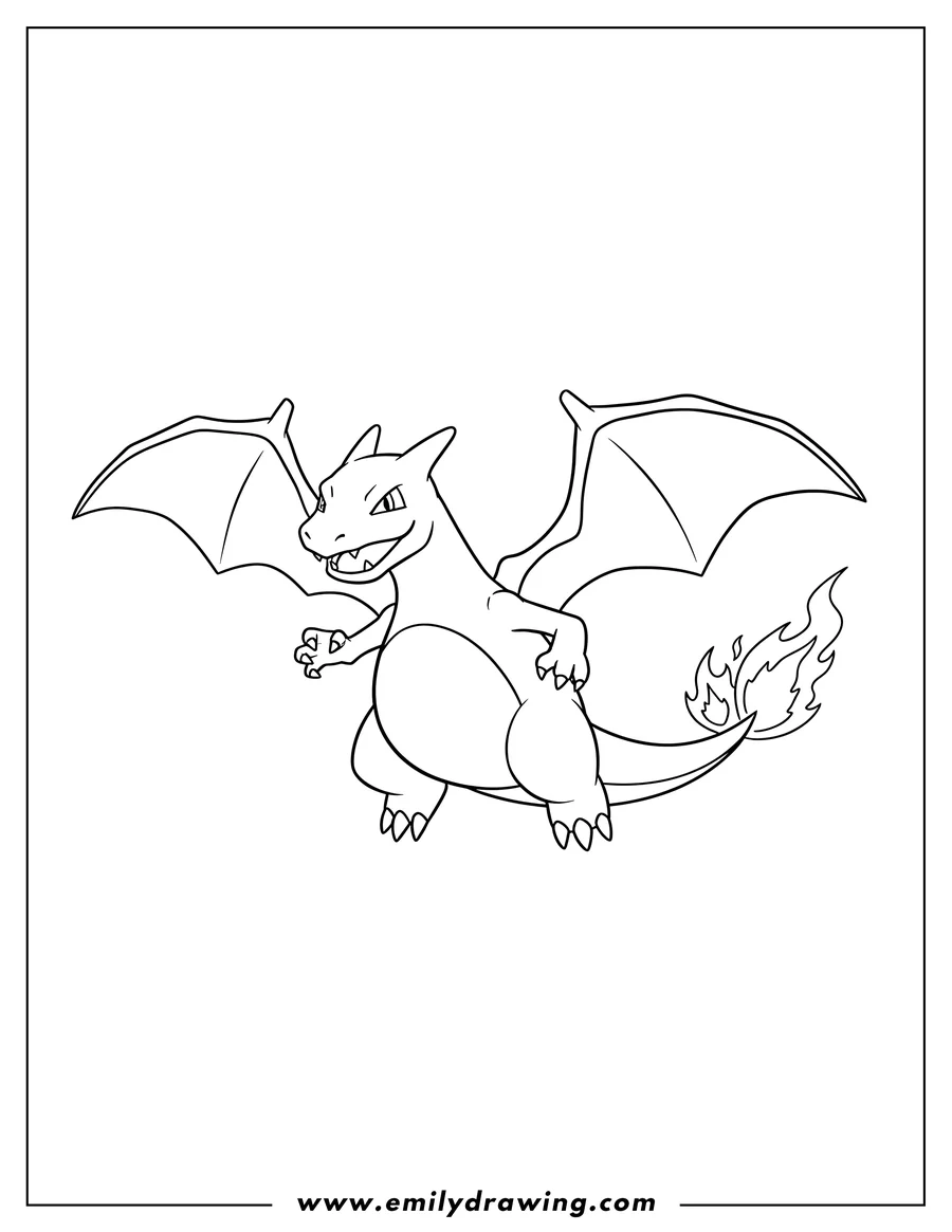 Full page coloring image of simple Charizard flying with spread wings and flames