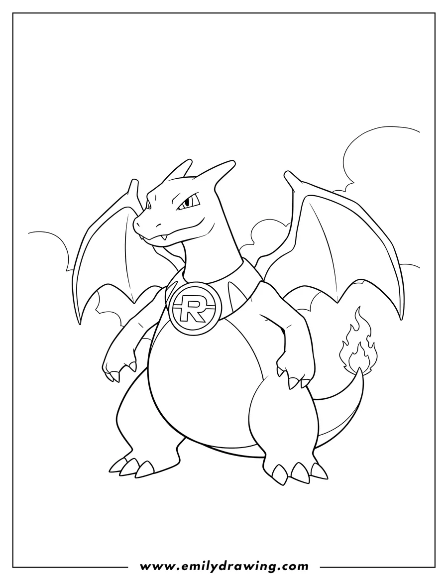 Clean line drawing: charizard standing, wearing a collar with an emblem