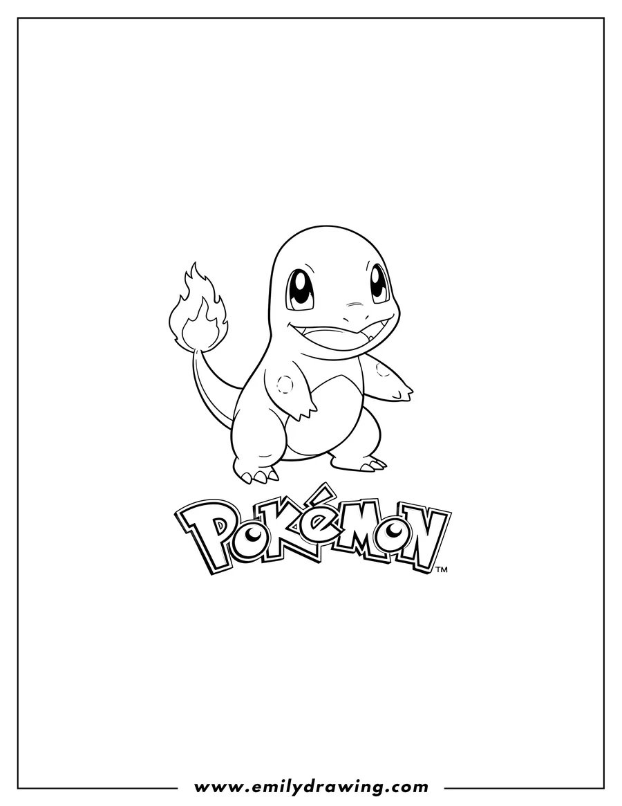 Downloadable coloring page of simple Charmander Poster, smiling, with a flame on its tail, and the Pokémon logo