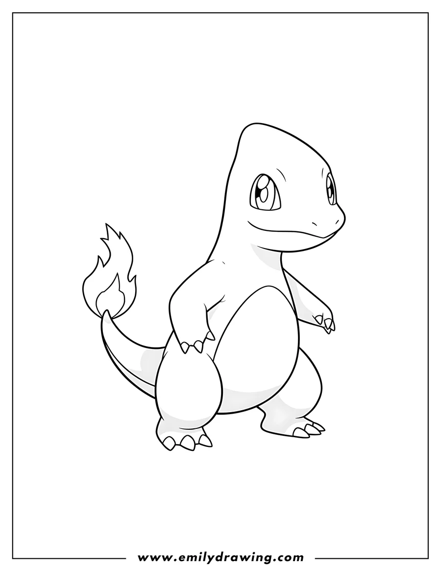 Simple sketch of simple Charmeleon Outline Preschoolers, standing with flame on tail to color